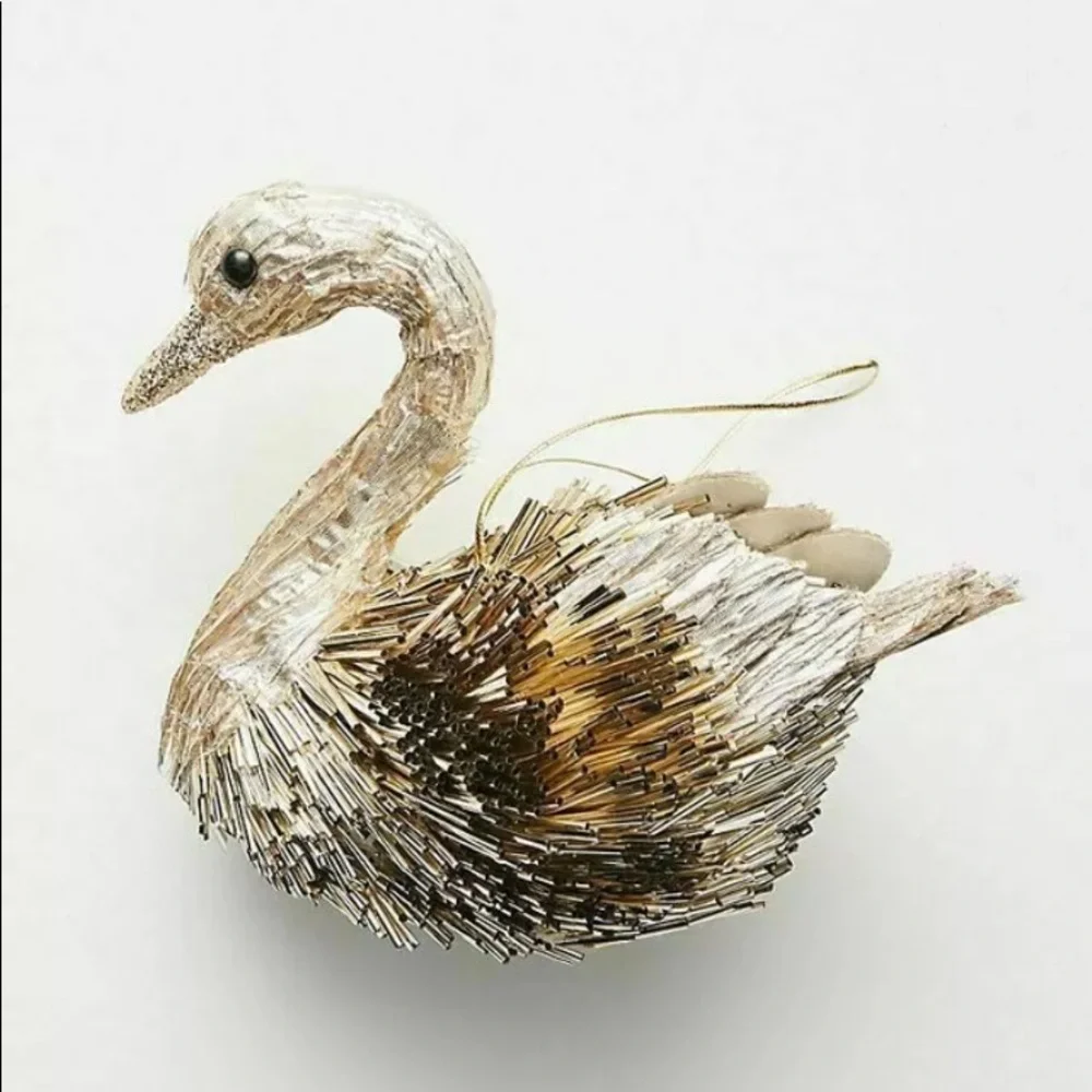 NWT Pair Anthropologie Gold Metallic Beaded Swan Ornaments